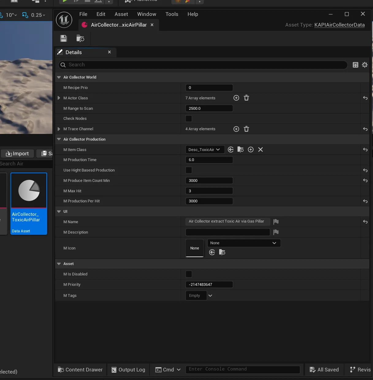 KAPIAirCollectorData DataAsset properties in the editor