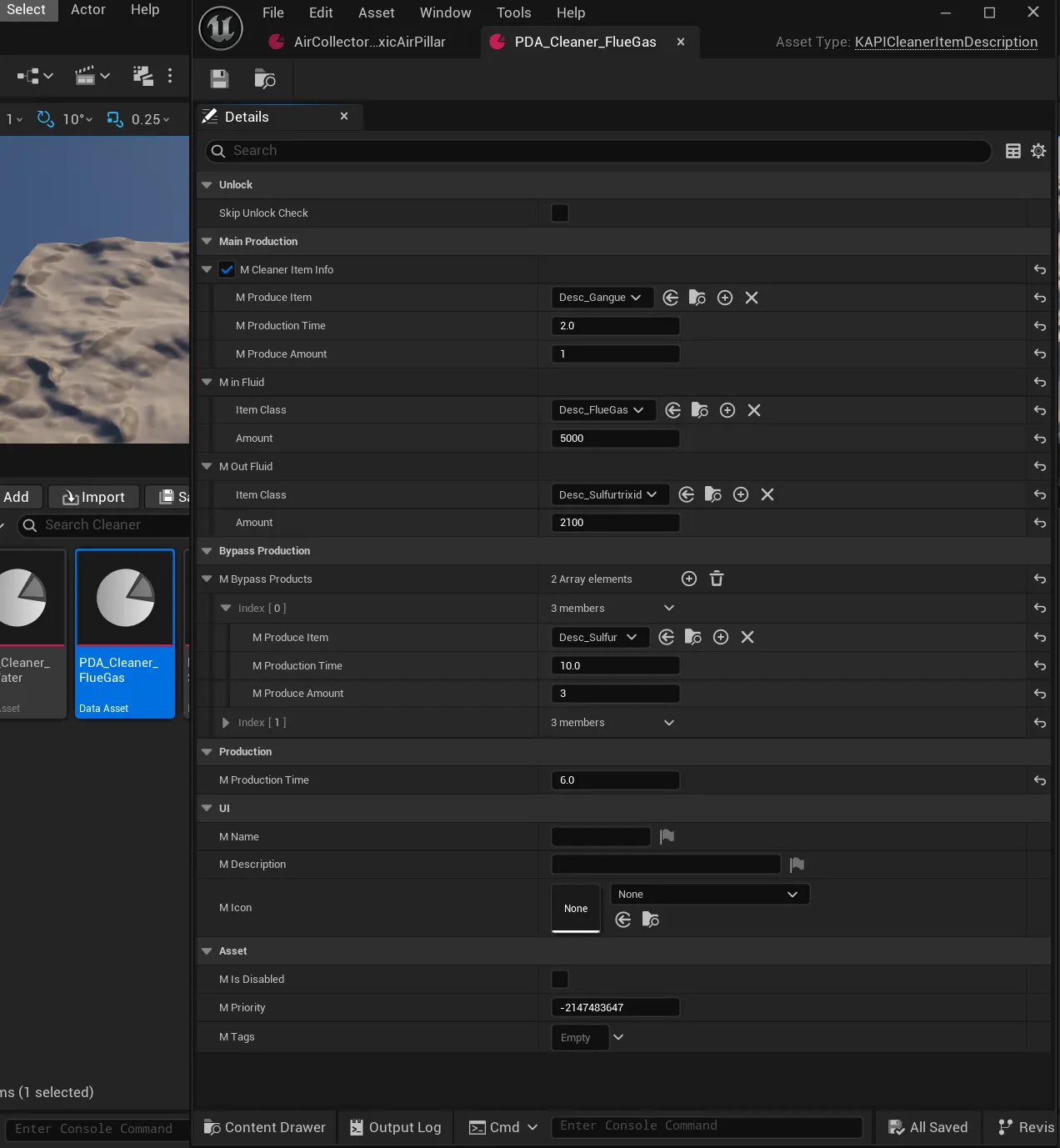 KAPICleanerItemDescription DataAsset properties in the editor
