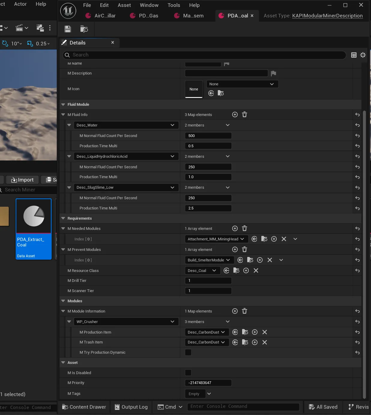 KAPIModularMinerDescription DataAsset properties in the editor
