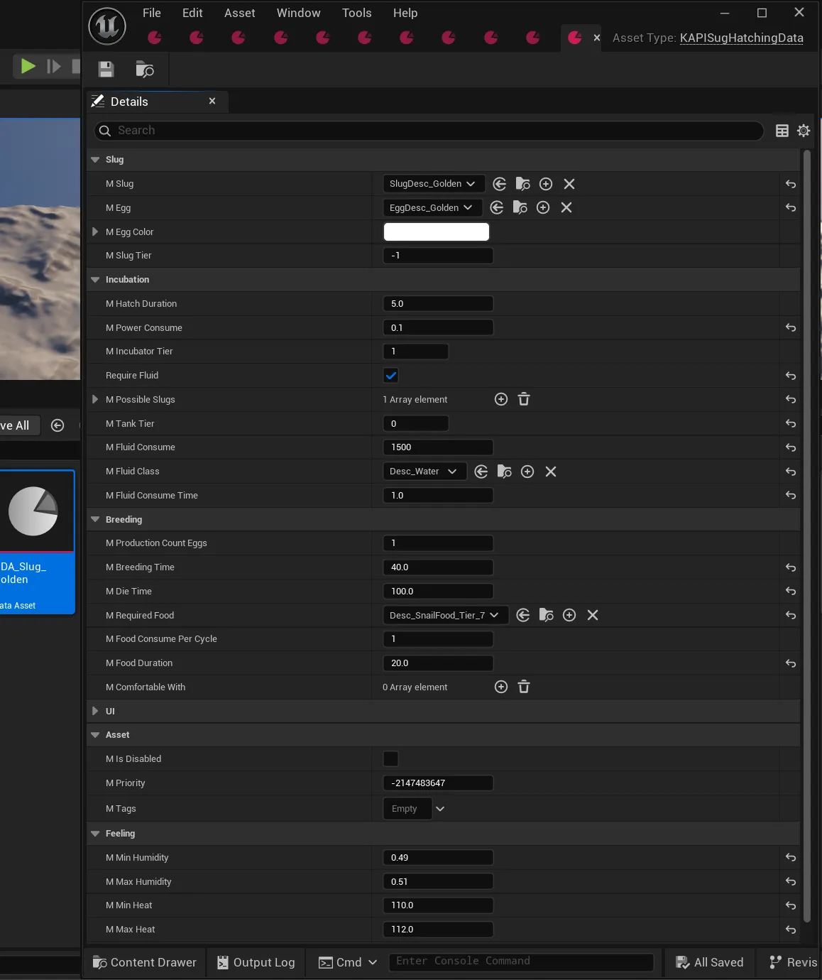 KAPISugHatchingData DataAsset properties in the editor